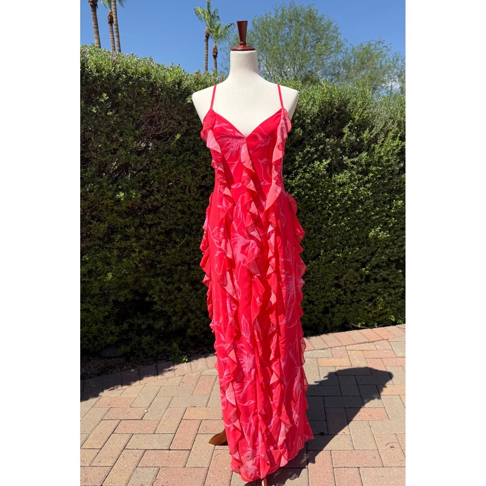 Hutch‎ Clarira Coral Floral Ruffle Maxi Dress V-Neck Sleeveless Gown Small NWT